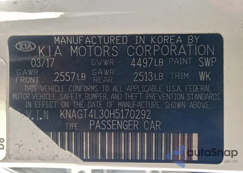 2017 Kia Optima Lx z USA, uszkodzony, nr VIN KNAGT4L30H5170292